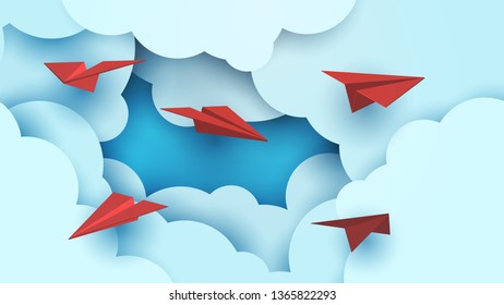 Cartoon paper air plane in sky. Creative minimalistic concept in paper cut 3d style. Colorful modern vector illustration.