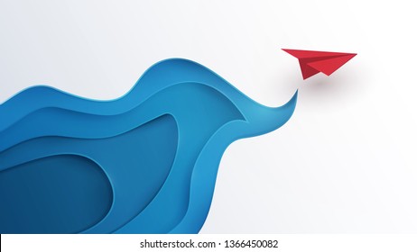 Cartoon paper air plane in sky. Creative minimalistic concept in paper cut 3d style. Colorful modern vector illustration.