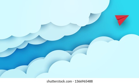 Cartoon paper air plane in sky. Creative minimalistic concept in paper cut 3d style. Colorful modern vector illustration.