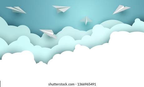 Cartoon paper air plane in sky. Creative minimalistic concept in paper cut 3d style. Colorful modern vector illustration.