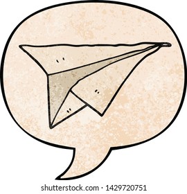 cartoon paper airplane with speech bubble in retro texture style