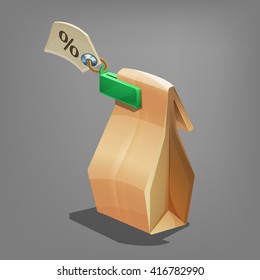Cartoon paper bag with sticker. Vector illustration.