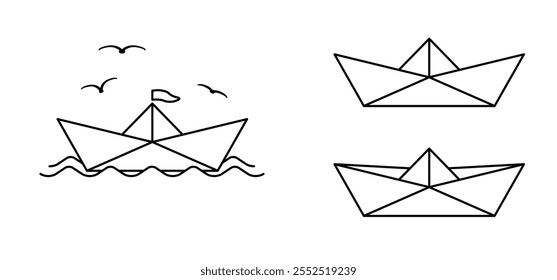 Barco de papel de dibujos animados, barco de papel. Veleros de papel. Patrón de barcos plegados en línea. Ola de agua y pájaros voladores.