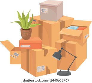 Cartoon paper box pile with moving house stuff isolated on white background