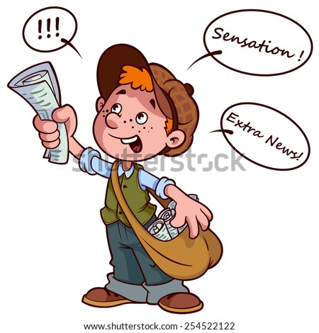 Cartoon paper boy yelling. Sensational news. Vector clip-art illustration on a white background.
