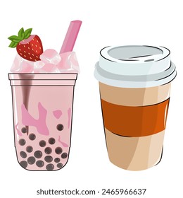 Taza de café de papel de dibujos animados, té de burbujas con hielo y fresa. Estilo minimalista. Plantilla de Vector. Bebe.