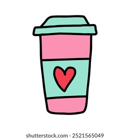 Cartoon paper coffee cup with heart on Valentine day. Hand drawn paper cup of coffee with love and inspiration. Concept - buy aromatic coffee in paper cup to share with sweetheart on Valentine day.