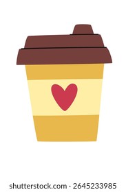 Cartoon paper coffee cup with lid and heart. Isolated on white background.