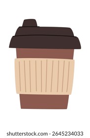 Cartoon paper coffee cup with lid and cardboard hot guard. Isolated on white background.