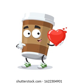 cartoon paper cup of coffee character mascot keeps the heart on white background