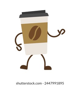 Cartoon paper cup coffee. Cup of coffee character. Vector illustration.