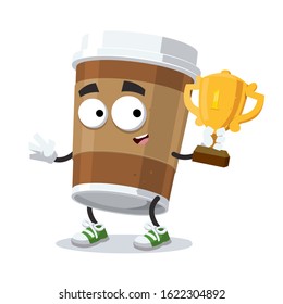 cartoon paper cup of coffee mascot holds the number one cup on white background