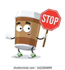 cartoon paper cup of coffee mascot with tablet stop in hand on white background