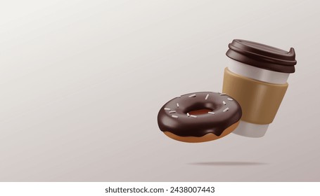 Cartoon paper cup of coffee and sweet tasty donut with chocolate glaze on background with place for text. Have a break banner. Takeaway coffee or tea to go or delivery food concept Vector illustration