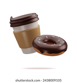 Cartoon paper cup of coffee and sweet tasty donut with chocolate glaze on background with place for text. Have a break sign. Takeaway coffee or tea to go or delivery food concept Vector illustration