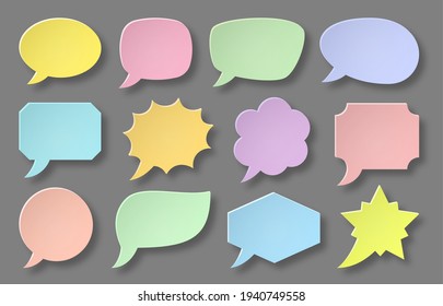 Cartoon paper cut bubbles. Material design speech bubble icon set. Vector notes sheet sticker design. Fun comic page dialog text message balloon template shapes. Boom, burst, wow effect empty frame