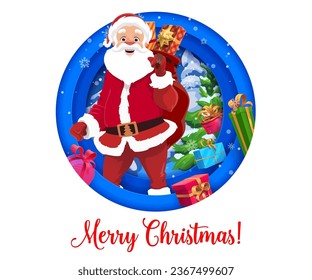 Cartoon paper cut cheerful Santa with gifts. 3d vector holiday double exposition round frame with Father Noel carry gift sack and pine tree with snowy branches in forest. Xmas festive papercut art