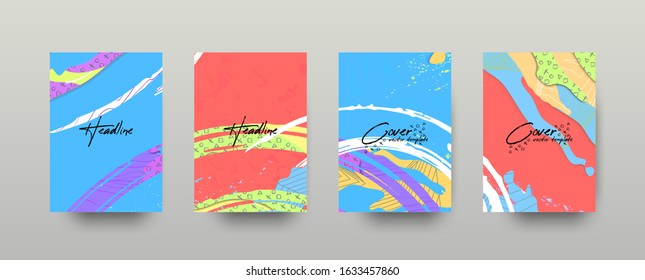 Cartoon paper cut invitations 
Set of bright, colorful a4 covers. Trendy style include abstract splashes texture by waves, linear 3d polygonal, handmade patterns.Vector illustration
