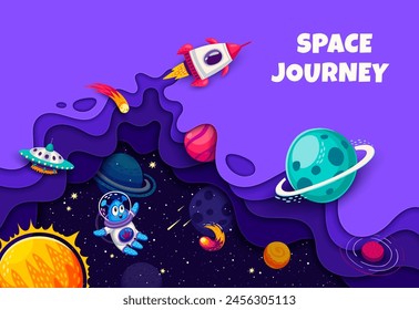 Cartoon paper cut space landscape with galaxy planets and rockets, vector background. Kids space journey and galaxy exploration adventure banner with alien UFO and asteroids in papercut layers