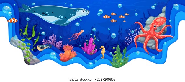 Cartoon paper cut underwater landscape with seal, octopus and seaweeds. 3d vector ocean ecosystem filled with fish, coral, bubbles and playful sea animals swimming among vibrant marine vegetation