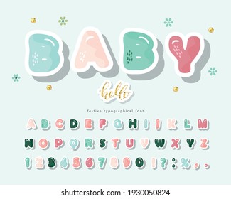 Cartoon paper cutout font. Cute alphabet for girls, baby shower, birthday design. Pastel colors. Vector illustration.