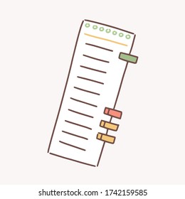 Cartoon paper to do list with colorful bookmarks vector flat illustration. Colored hand drawn icon note blank isolated on white background. Lined checklist decorated by design elements