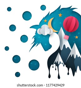 Cartoon paper illustration. Air balloon, mountain, cloud moon Vector eps 10