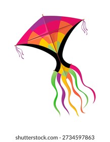 Cartoon paper kite diamond shape with decorative ribbons on corners, wavy ribbon streamers. Indian festival isolated vector flying toy, kids outdoor sports kite. Makar Sankranti holiday paper wing