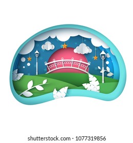 Cartoon paper landscape. Bridge, leaf, street light, star cloud illustration Vector eps 10