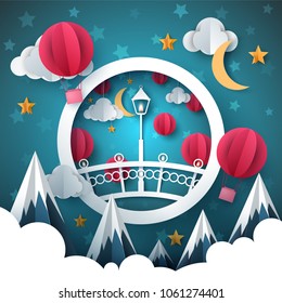 Cartoon paper landscape. Bridge, mountain, air balloon, moon cloud illustration Vector eps 10