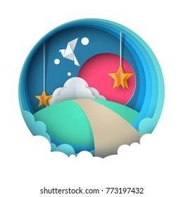 Cartoon paper landscape. Dove, sun, road, hill cloud star Vector eps 10