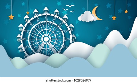 Cartoon paper landscape. Ferris wheel illustration. Vector eps 10