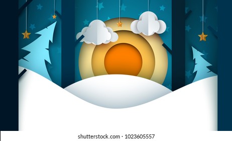 Cartoon paper landscape. Fir, moon, cloud star Vector eps 10