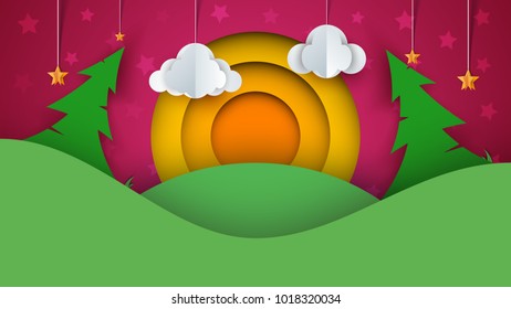 Cartoon paper landscape. Fir, star, cloud sun illustration Vector eps 10