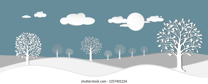 Cartoon Paper landscape of forest tree on hills with sky and the moon, Vector illustration,Paper art designs of panorama of contryside