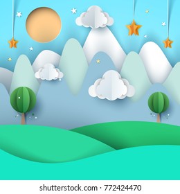 cartoon paper landscape. Mountain, cloud, star tree sun Vector eps 10