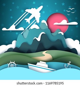 Cartoon paper landscape. Mountain, ship, anchor handwheel airplane Vector eps 10
