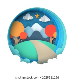 Cartoon paper landscape. Mountain, tree, cloud star Vector eps 10