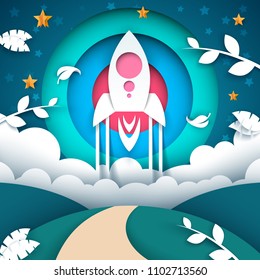Cartoon paper landscape. Rocket origami style. Vector eps 10