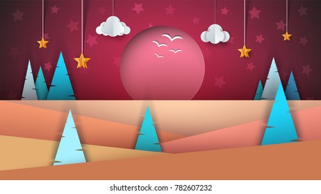 Cartoon paper landscape. Sun, fir, cloud star Vector eps 10