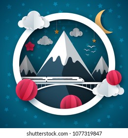 Cartoon paper landscape. Travel, train, cloud, star, mountain illustration bird illustration Vector eps 10