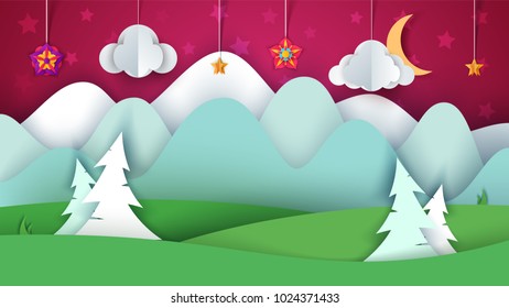 Cartoon paper landscape. Tree, flower, cloud, grass moon star Vector eps 10