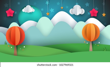 Cartoon Paper Landscape. Tree, Flower, Cloud, Grass Moon Star Vector Eps 10