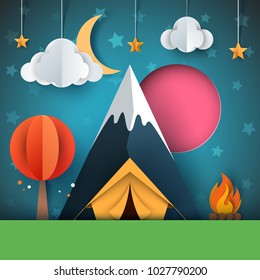 Cartoon paper landscape. Tree, mountain, fire, tent, moon cloud star illustration Vector eps 10