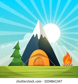 Cartoon paper landscape. Tree, mountain, fire, tent, moon cloud star illustration Vector eps 10