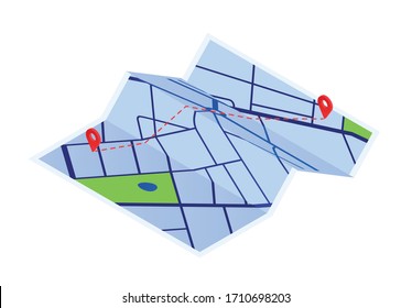 Mapa de papel de dibujo con puntos rojos ilustración vectorial. Coloridos gps callejeros locales navegan aislados en un fondo blanco. Navegación de la ruta de la ciudad entre dos marcadores. Plan geográfico de distancia