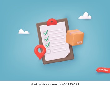 Cartoon paper parcel package boxes with clipboard and check list. 3D Web Vector Illustrations.