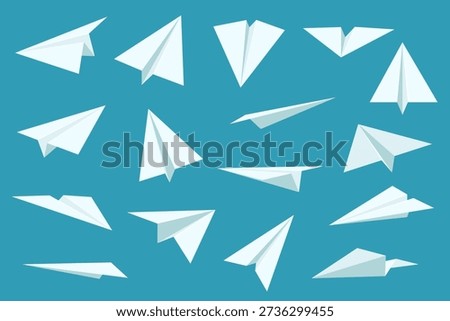 Cartoon paper plane. Different angles, classic origami object, handmade flying white airplane, simple craft item, aviation transportation, message symbol, freedom sign qualitative vector isolated set