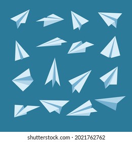 Cartoon paper plane vector illustrations set. Collection of white paper airplanes flying in air or sky, aircraft from folded paper isolated on blue background. Origami, communication, freedom concept