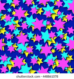 Cartoon paper stars night sky vector background with shadow, abstract modern seamless pattern used  for cards, textile fabric, presents wrapping paper, scrapbooking, wallpaper and interior design